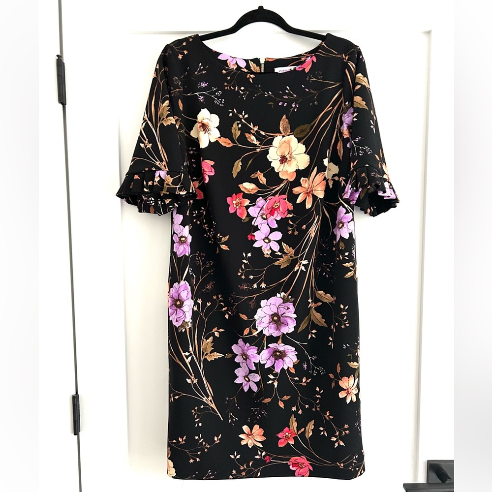 Calvin Klein 14 Black Floral Shift Dress with Ruffle Sleeves
